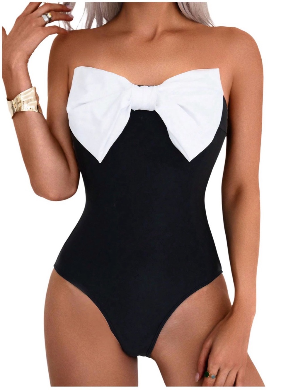Black One-Piece Swimsuit with White Bow